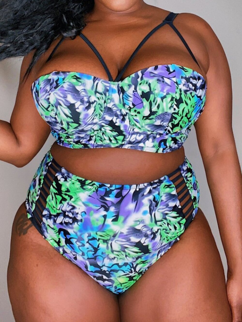 Lalagen Floral High Waist Bikini Set XXXL Plus Size Longline Blue Green Mesh